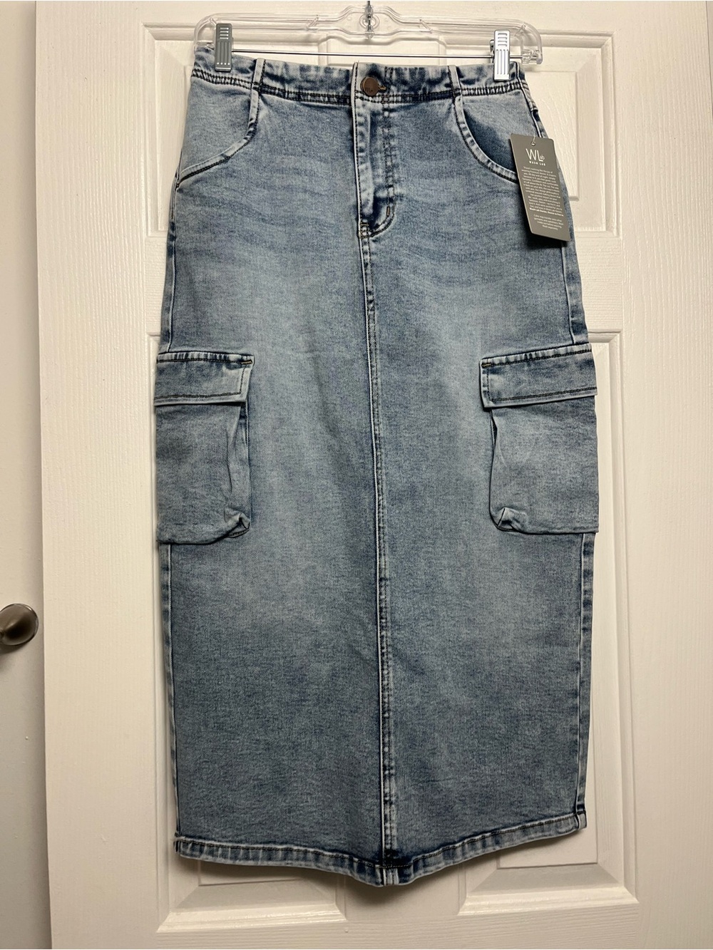 Wash Lab Light Wash Denim Midi Skirt with Cargo Pockets - Light Blue